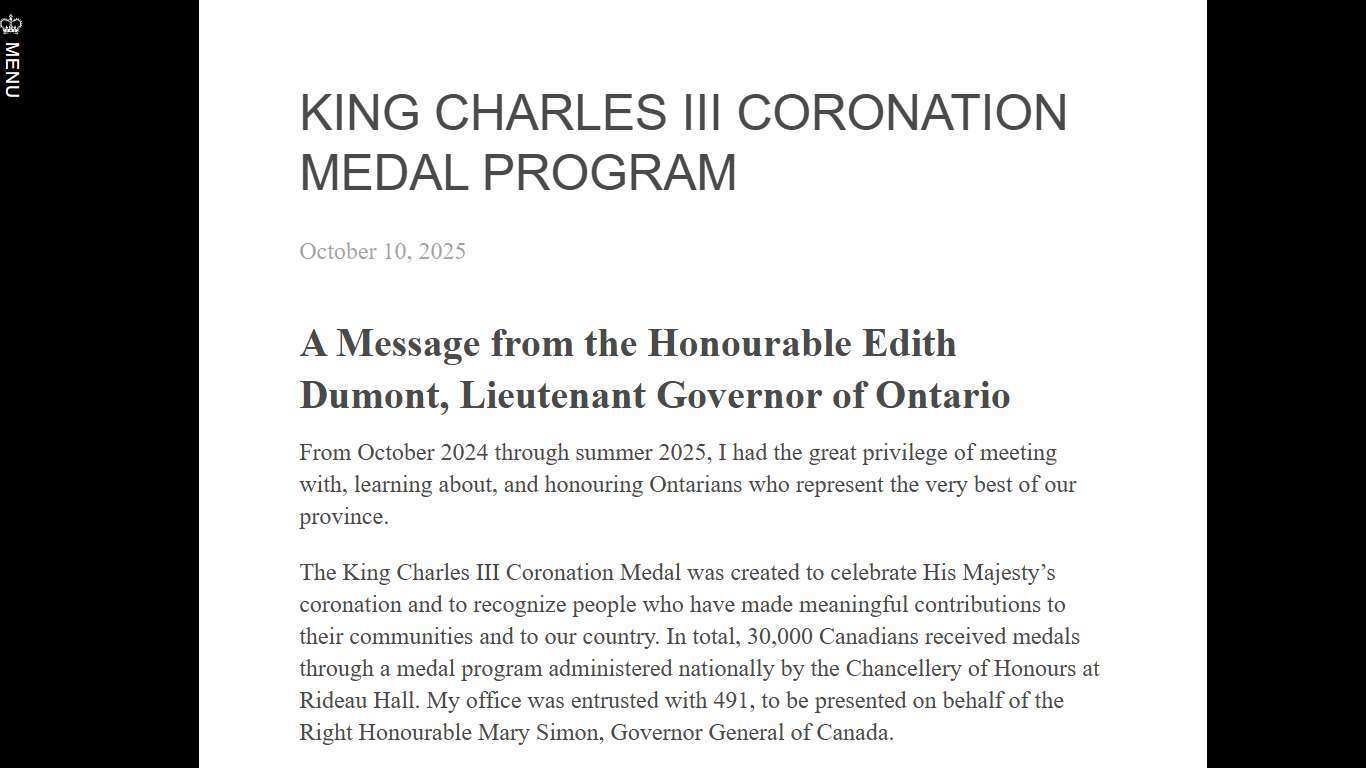 King Charles III Coronation Medal Program - Lieutenant Governor of Ontario